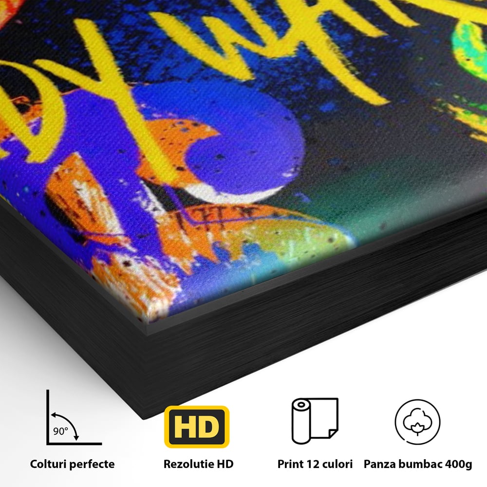 Detaliu al suprafetei: tablou canvas cu simboluri dollar colorate, in rama de aluminiu negru